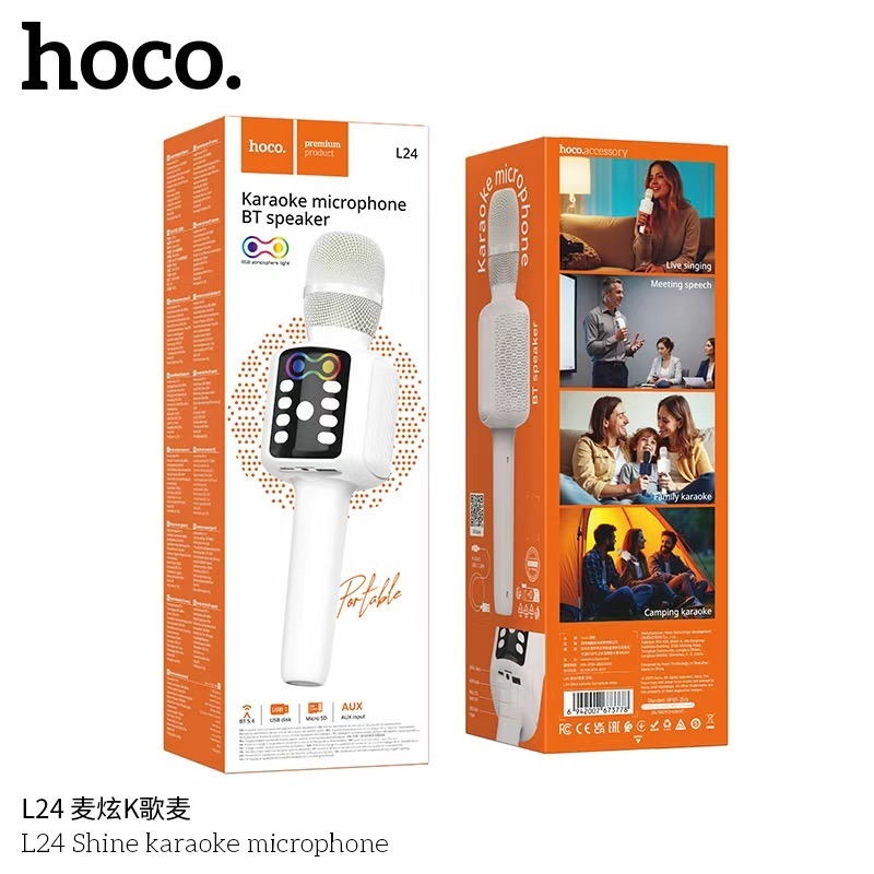 Hoco L24 Shine Karaoke Microphone with Bluetooth Speaker & RGB Light – White